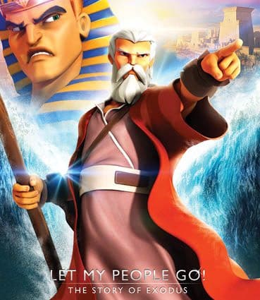 An elder with a staff parts the sea as an angry Pharaoh's face looms behind, depicting Moses leading the Israelites in the Exodus story.