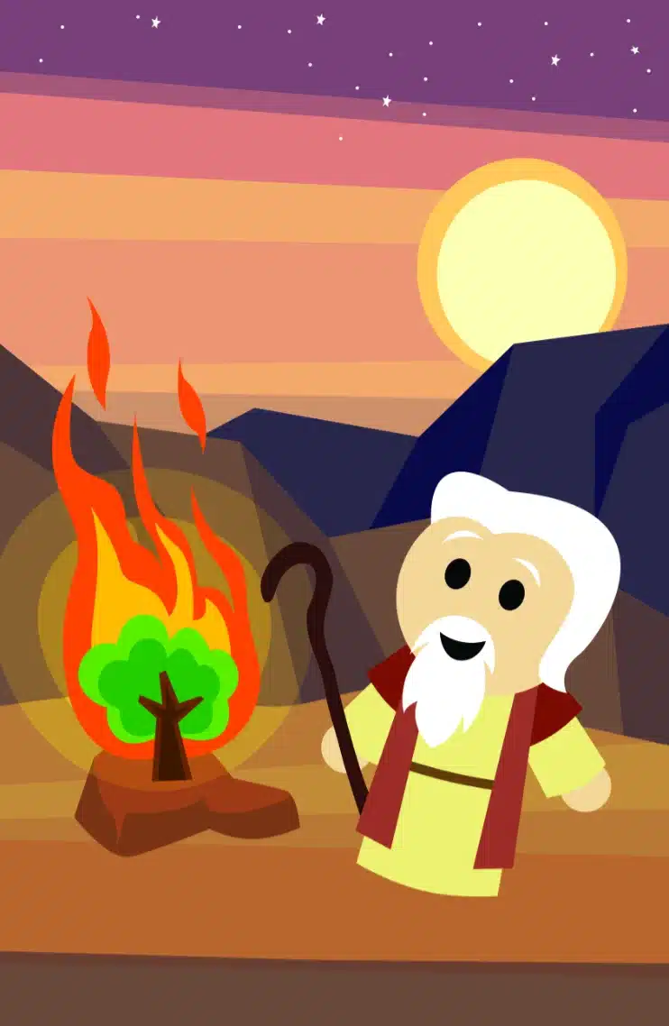 A cute, animated depiction of Moses holding a staff, standing near the burning bush under a colorful sunset sky, with mountains in the background. 