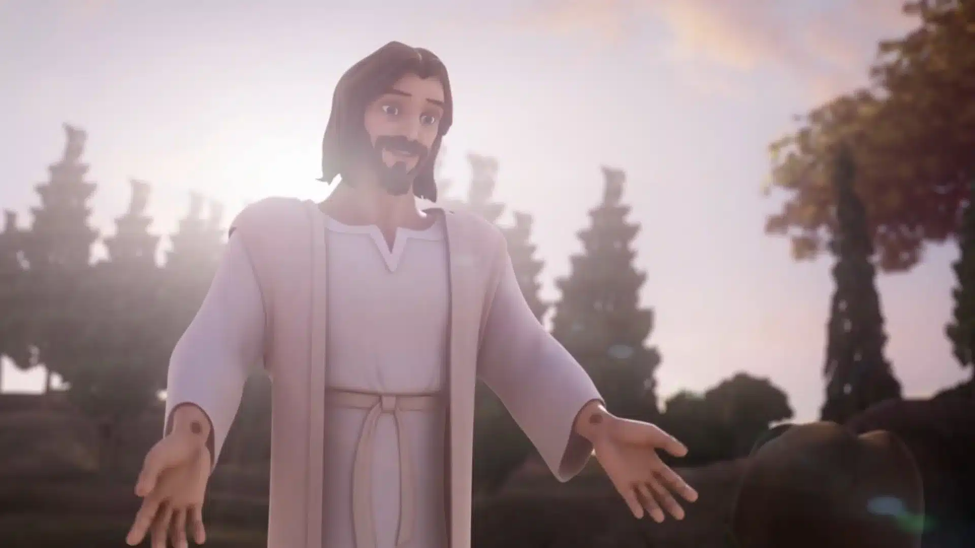Welcoming depiction of Jesus with open arms and a warm expression