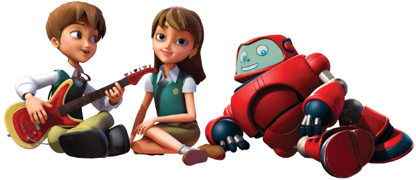 Boy holding a guitar, a girl seated cross-legged, and a friendly red robot lying on its side