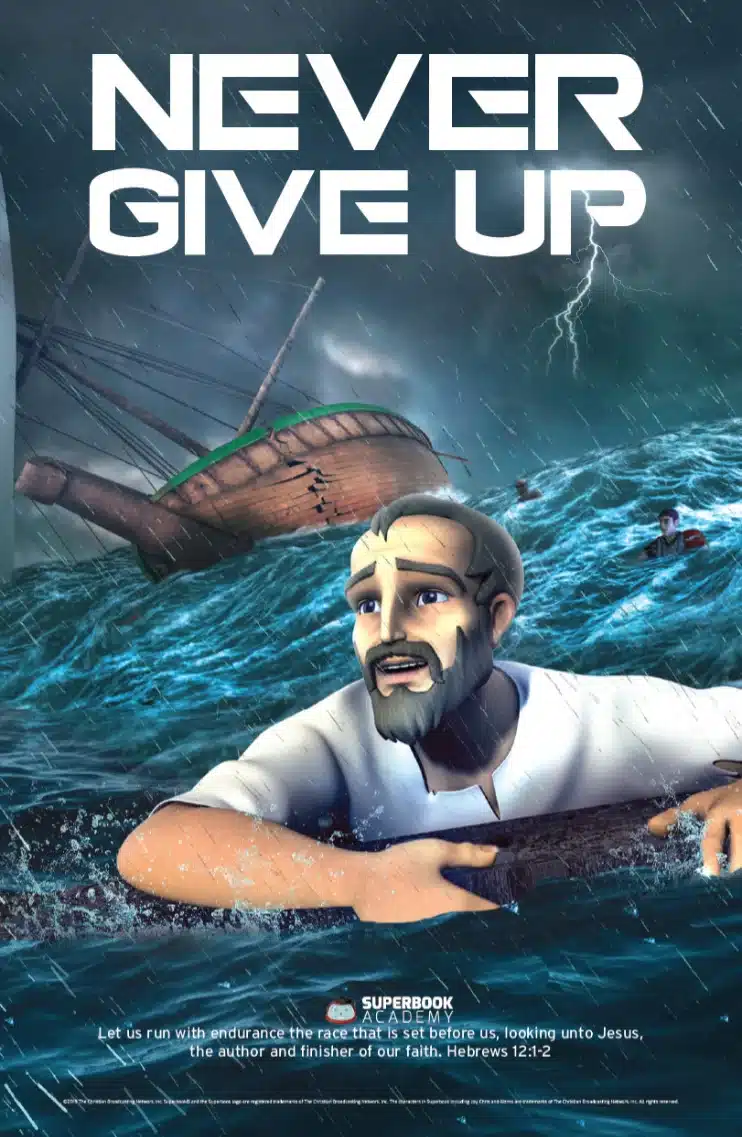 An animated scene of a man clinging to debris in stormy waters, with a wrecked ship behind him. The words "NEVER GIVE UP" appear above.