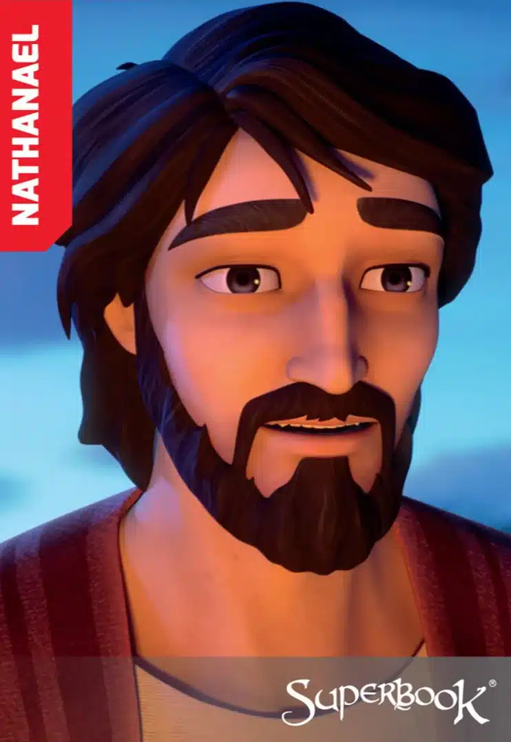 An animated character, Nathanael, is shown with a thoughtful expression against a soft blue background. 